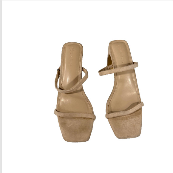 The Drop Faux Suede Square Toe Heeled Sandals Womens 10 Double Straps Pink beige - Picture 1 of 15